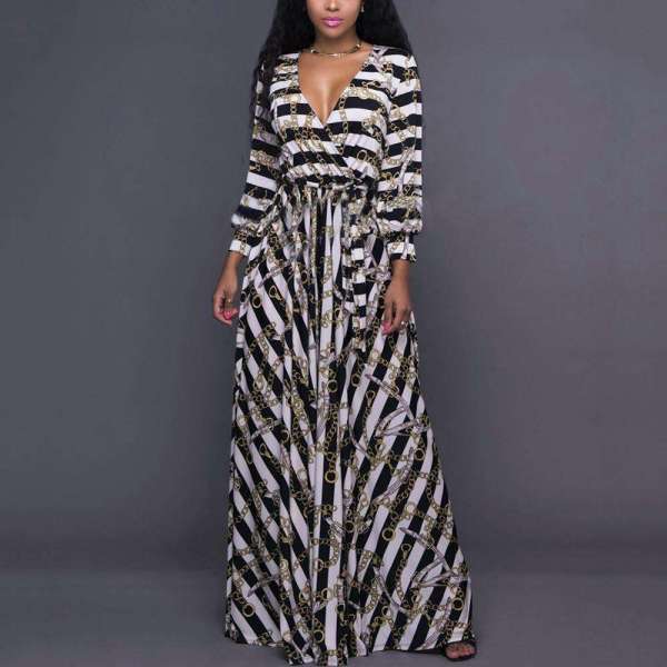 China Factory Plus Size Deep V Neck Brushed Milk Fabric Striped Printed Long Maxi Dress Long Sleeve